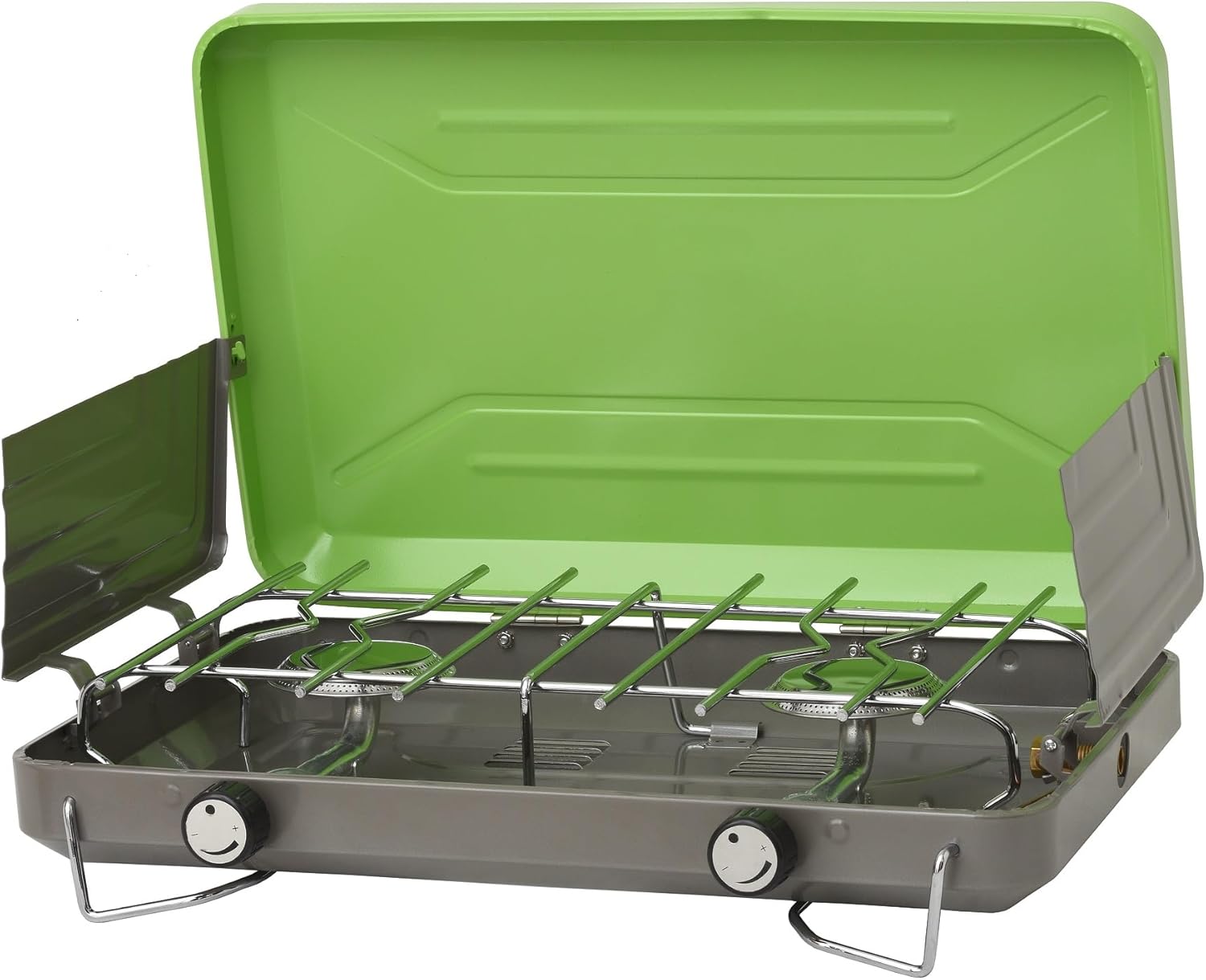 Flame King VT-101 2-Burner Portable Camping Stove Grill, Great for Outdoor Cooking, Backpacking, Compatible with 1LB Propane Gas Bottle Flame King VT-101 2-Burner Portable Camping Stove Grill, Great for Outdoor Cooking, Backpacking, Compatible with 1LB Propane Gas Bottle