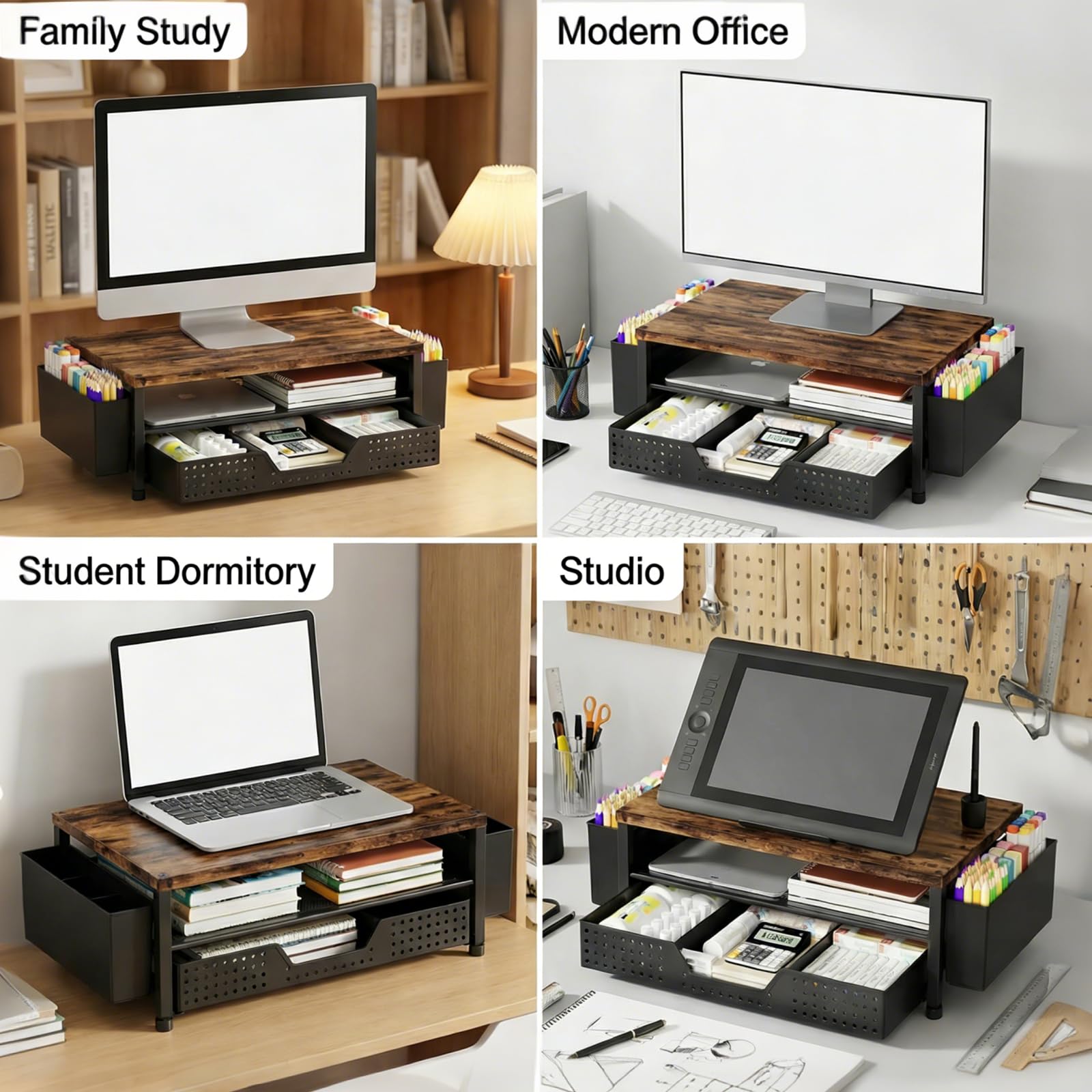 LEKETREE Organizer da scrivania in legno, a 2 ripiani, con cassetto portaoggetti e 2 portapenne, supporto per laptop e stampante, ripiano per la parte superiore della scrivania (marrone rustico)