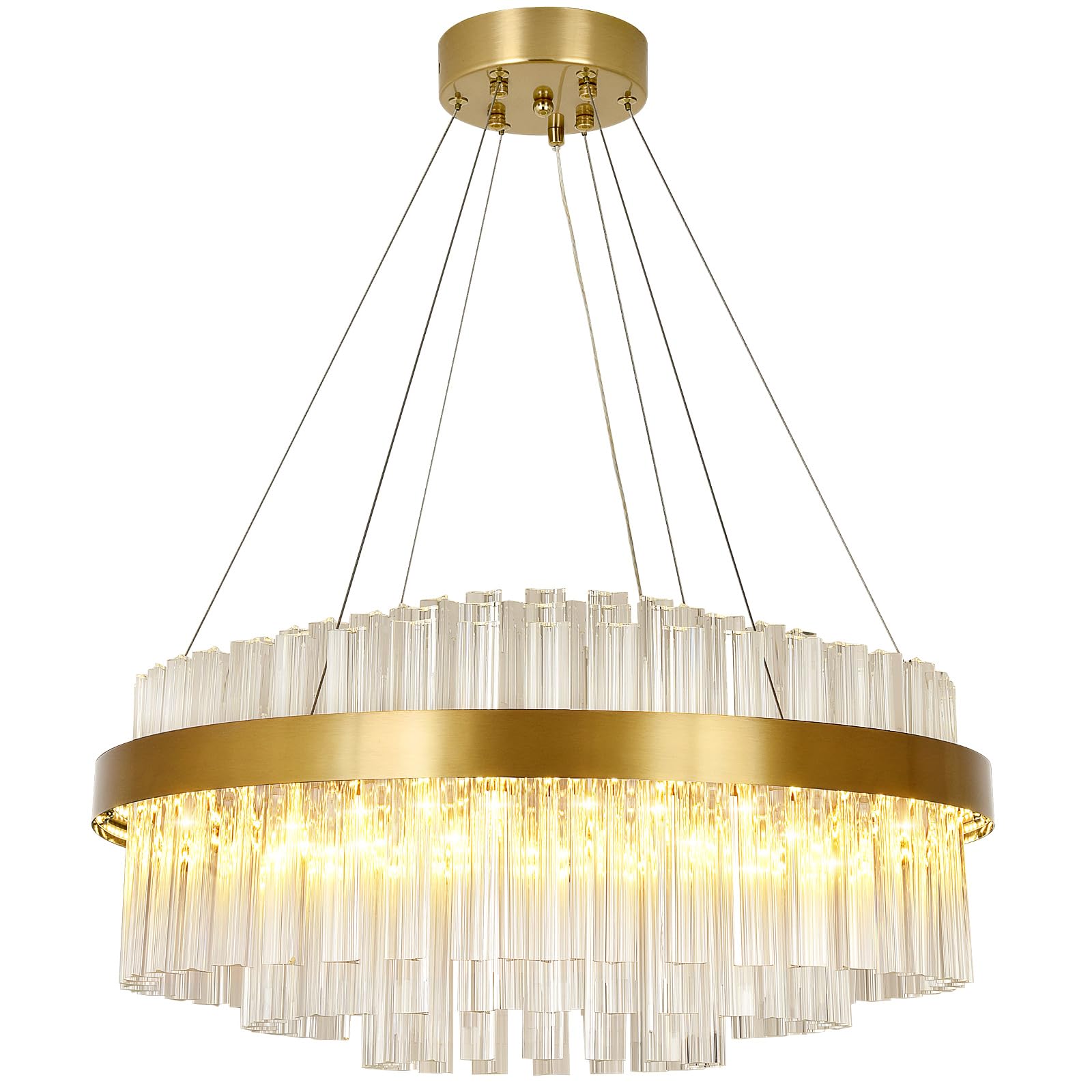 KUNYEEE Modern Crystal Chandelier Gold, Round LED Pendant Light Fixtures, 3000K-6000K Dimmable Adjustable Hanging Chandeliers for Foyer, Living Room, Dining Room 60cm