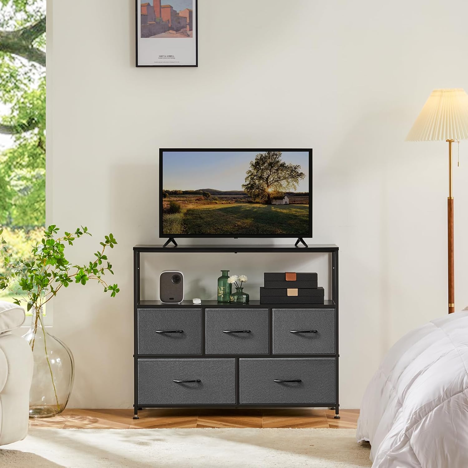 Fully assembled DUMOS TV Stand Dresser with all five fabric drawers inserted, ready for use.