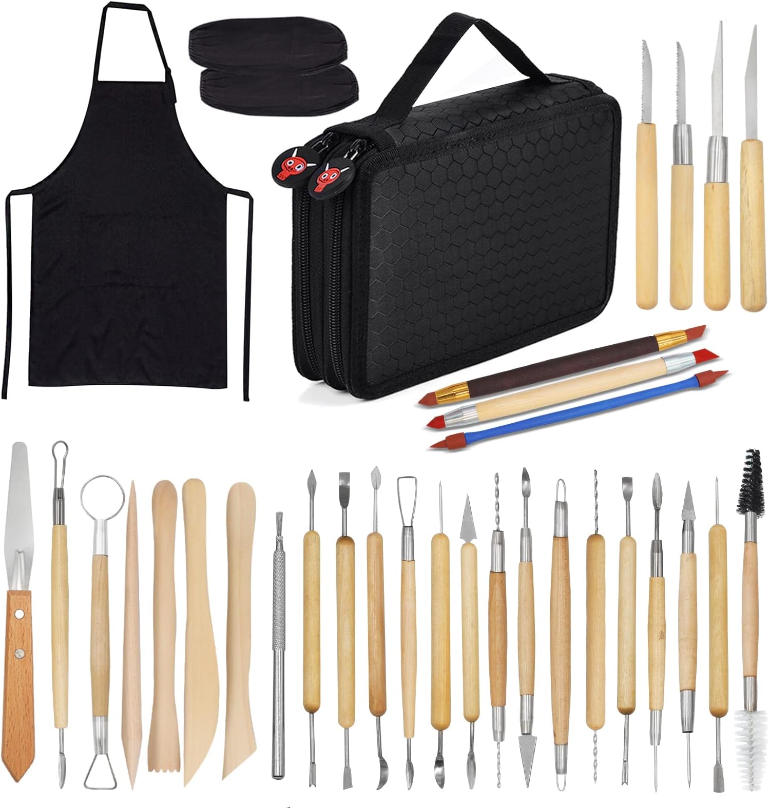 YZNLife Set of 30 Clay Sculpting Tool Wooden Handle Pottery Carving Tool Kit with Carring Bag,Apron and Sleeves for Pottery Modeling, Smoothing, Carving & Ceramics