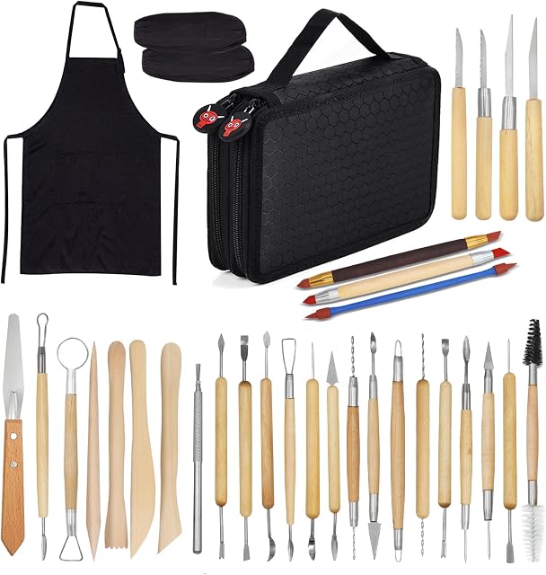 Clay Sculpting Tools,YZNlife Set of 30 Pottery Tools Clay Modelling Tools Kit Wood Clay Carving Tools Set with Storage Bag,Apron and Sleeves