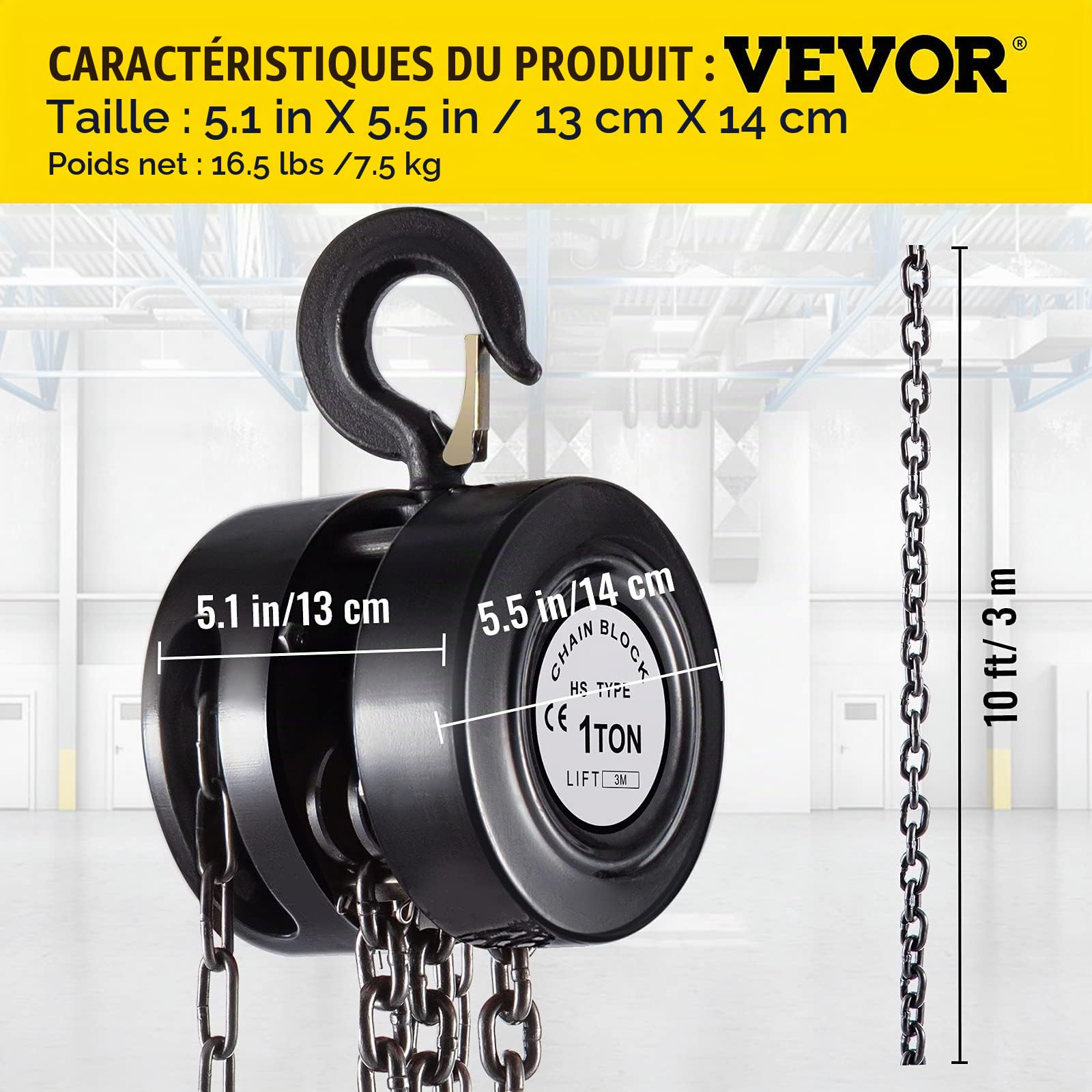 VEVOR Palan à chaîne manuel, capacité de 1 t, bloc de chaîne manuel de levage de 3 m, avec construction en acier de qualité industrielle pour le levage de biens dans le transport et l'atelier, noir