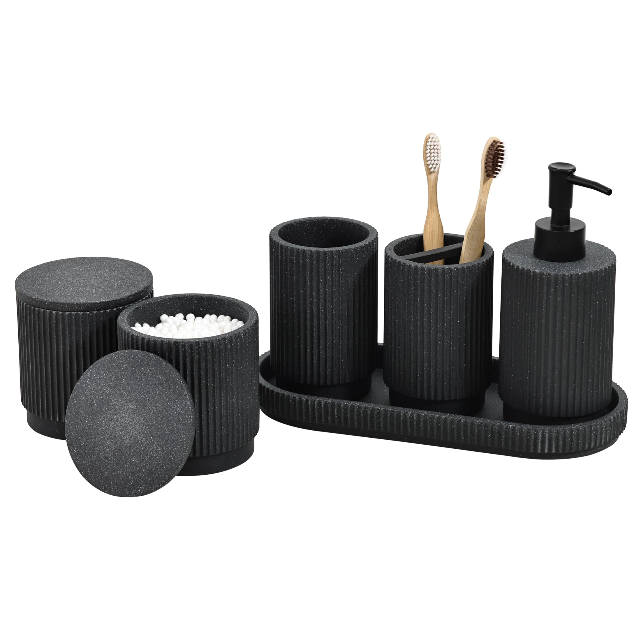 Sapisecret Badezimmer Set 6-TLG | Seifenspender + Zahnputzbecher mit Tablett & Wattestäbchenbox | Design Streifenmuster | Hochwertiges Polyharz | Matt Schwarz | Bruchsicher & Wasserdicht