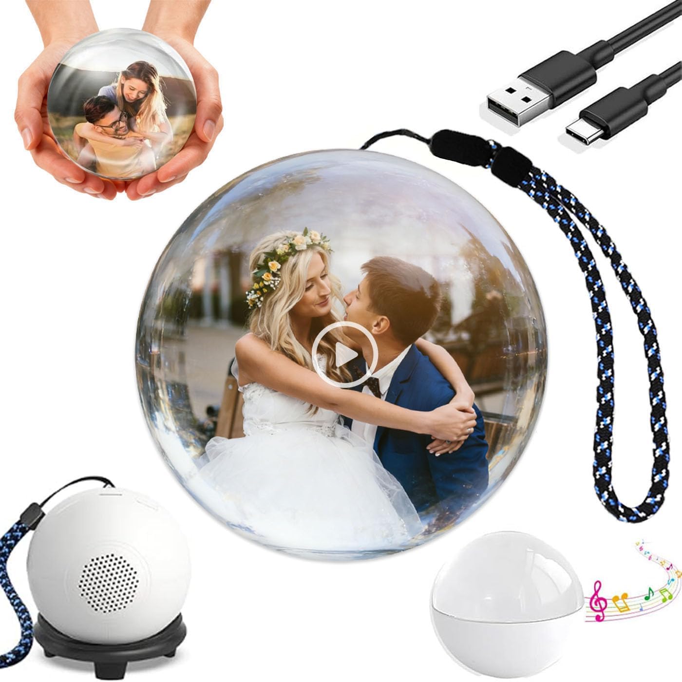 Memory orb Ornament,Crystal Ball Video Player, Memory Sphere Lamp - 2.7" Crystal Ball 3D Video Player, Personalized Uploadable Videos & Photos, Memory Orb Gift for Valentine's Day New Year(White)
