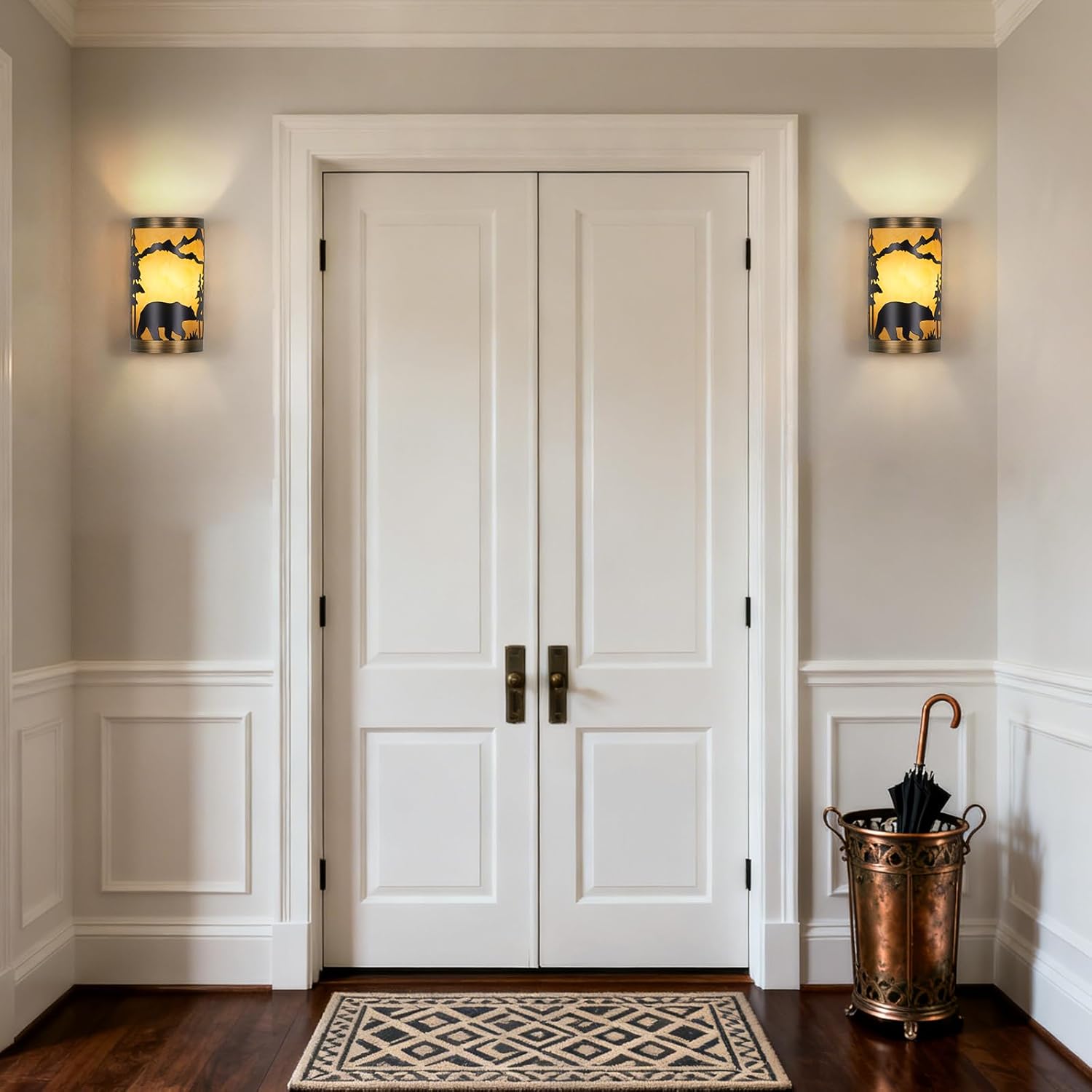 Rustic Wall Sconces Bear Metal Lamp, Industrial Farmhouse Wall Light with Shade, E26 Socket, Black with Gold Trim, Perfect for Bedroom, Living Room, or Rustic Cabin Lighting (Bulb not Included)