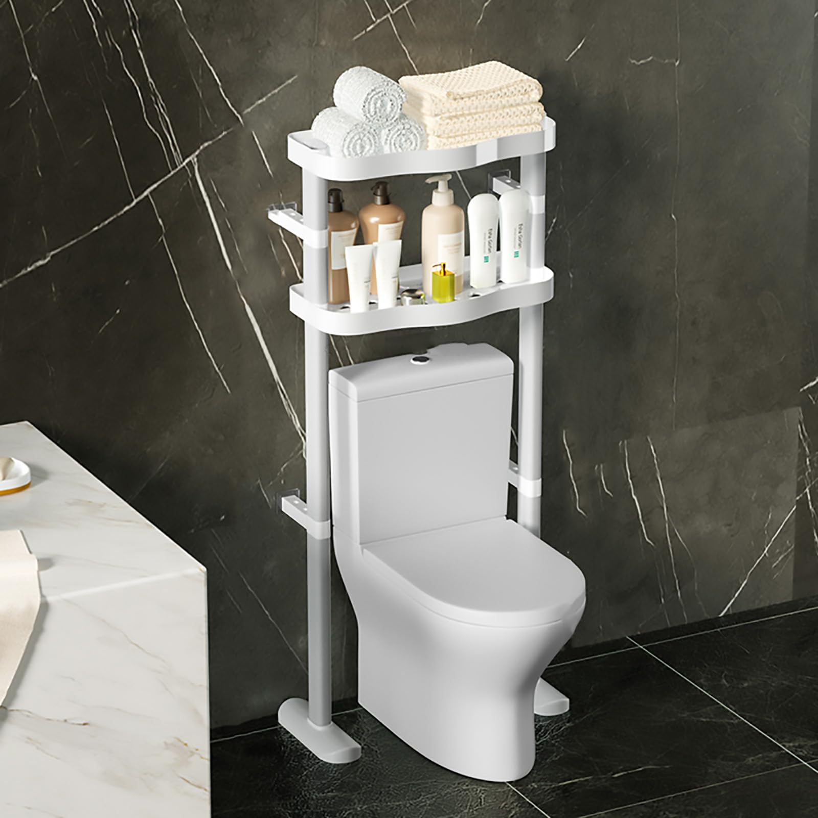 Étagère de rangement en plastique au-dessus des toilettes blanche compacte