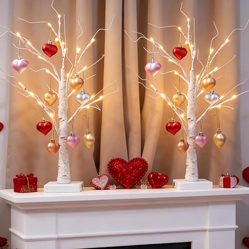 Paquete de 2 árboles de abedul iluminados para decoración del día de San Valentín con adornos en forma de corazón, USB y pilas, árbol artificial