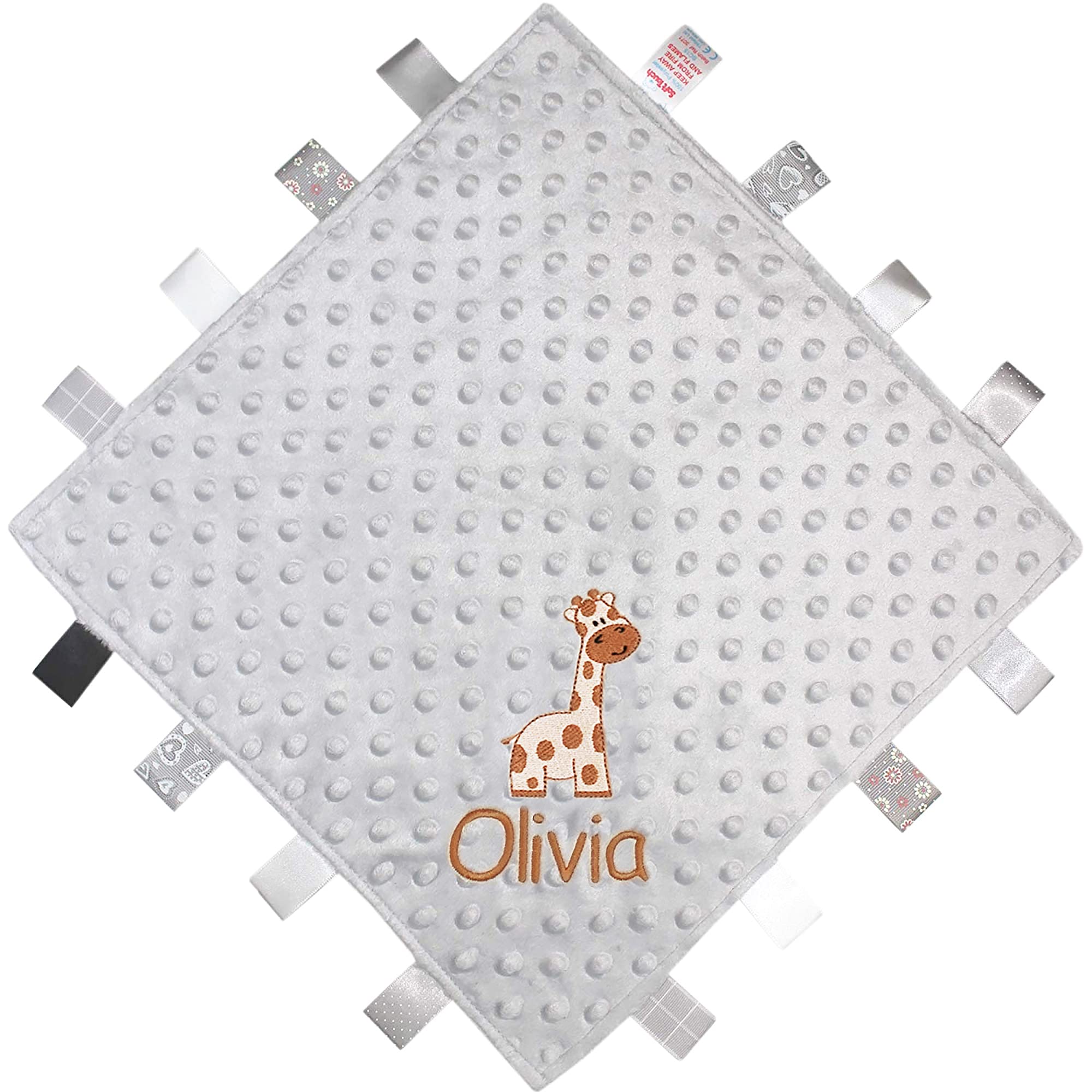 Teddyts Ribbon Comforter Personalised Silver Giraffe Taggy Blanket