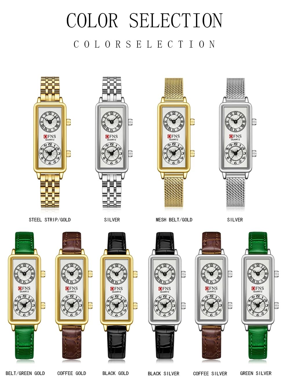 Gosasa Orologio al quarzo delle donne alla moda, quadrante rettangolare con i fusi orari doppi, resistente all'acqua di 30m