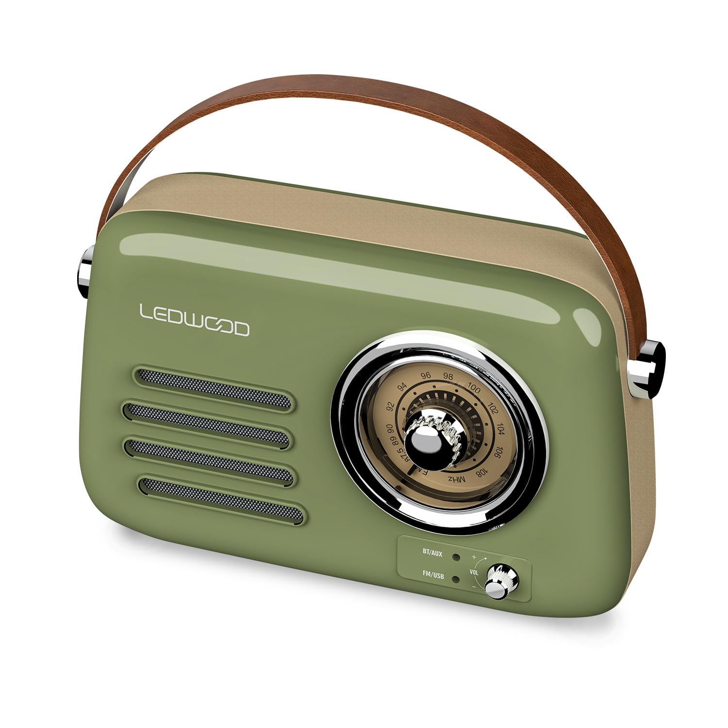 Radio Rétro Portable Ledwood Alma, FM, Bluetooth Entrée USB, Puissance 30W - Batterie 3,7V-1500mAh - Retro Vintage - Vert Olive