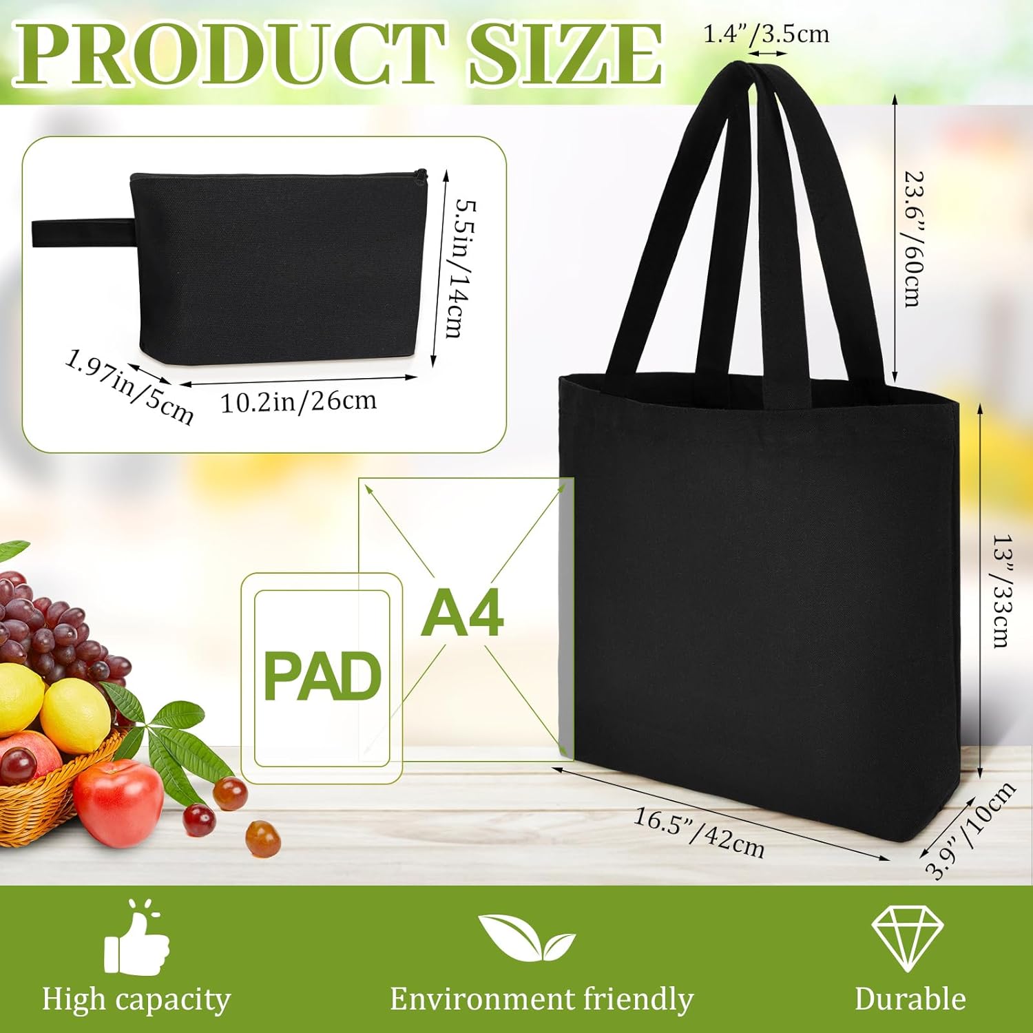 Silkfly Tote Bag with Zipper, Cotton Canvas Makeup Bag Kitchen Reusable Grocery Pouch Blank Canvas Totes with Handles - Image 3
