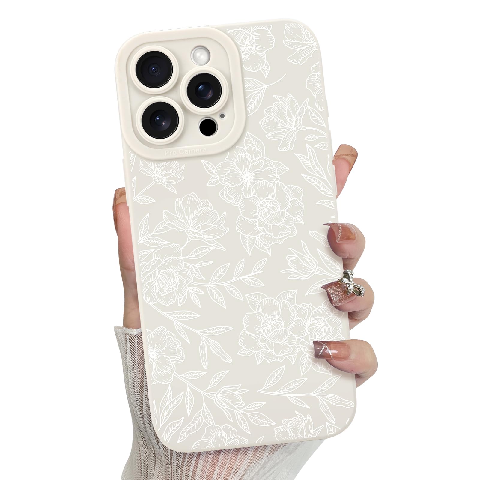 MZELQ for iPhone 15 Pro Case, Silicone Floral Flower Rose Cute Pattern, Camera Protection Soft Slim Phone Case for Phone Case -White