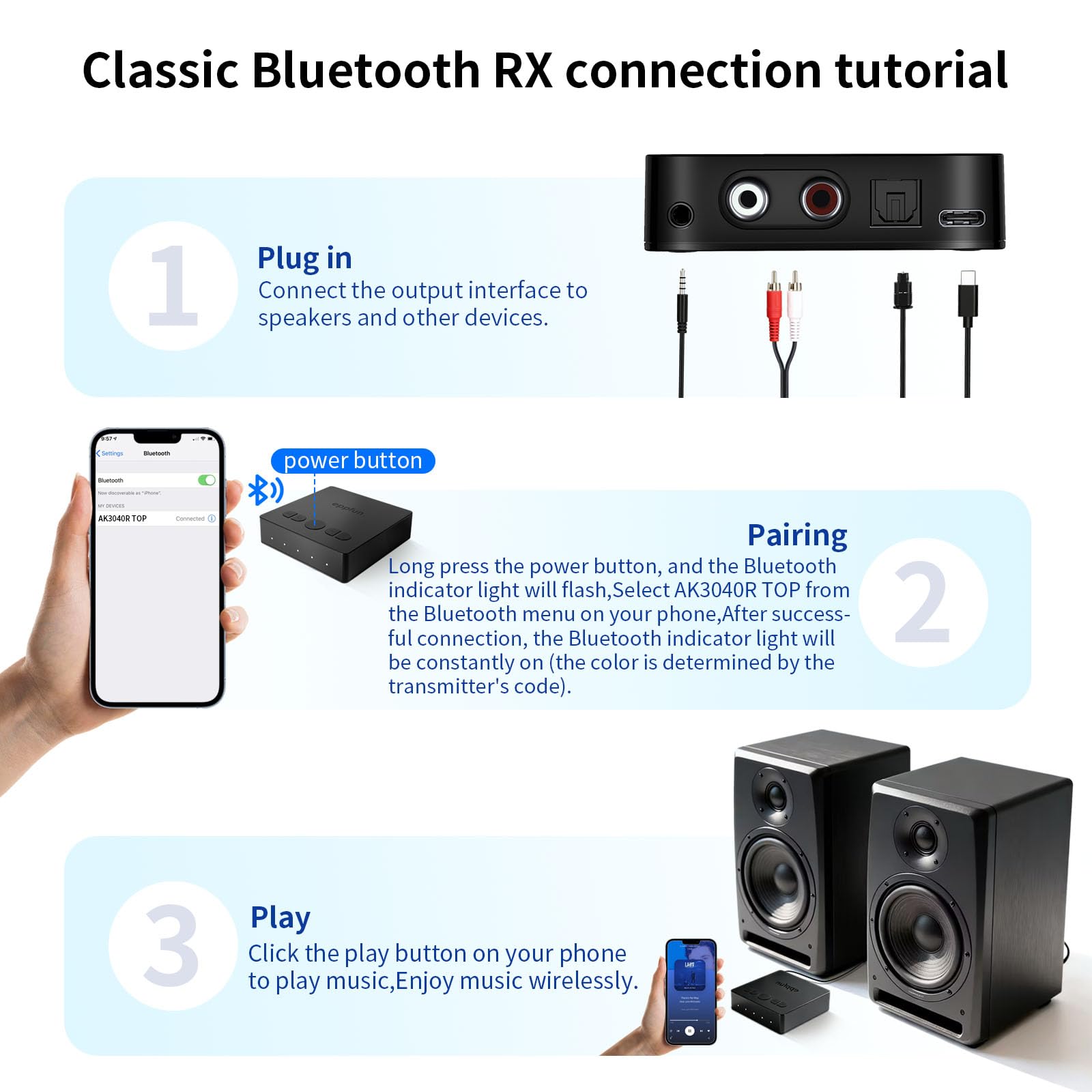 eppfun Receptor Bluetooth 5.4, LDAC APTX-Lossless Adaptive Audio Receiver Adapter con Óptica/RCA/Aux, Bluetooth HiFi para Amplificador/Estéreo Casa