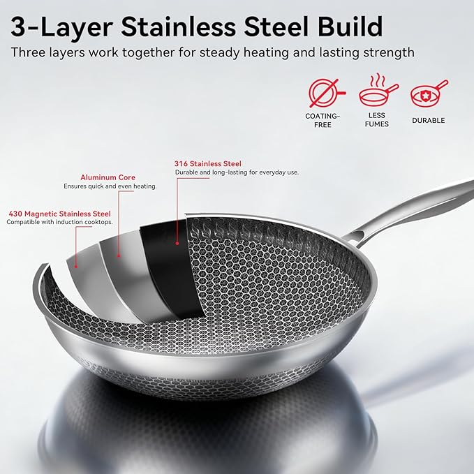 Wok de acero inoxidable con tapa, 12.6 pulgadas, apto para inducción miniatura 8