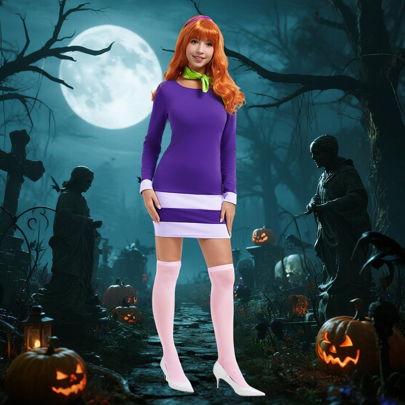 Daphne Costume Women Adult Halloween Costume Purple Dress Cosplay Outfits with Accessories Scarf Wig Headband Socks RA034M