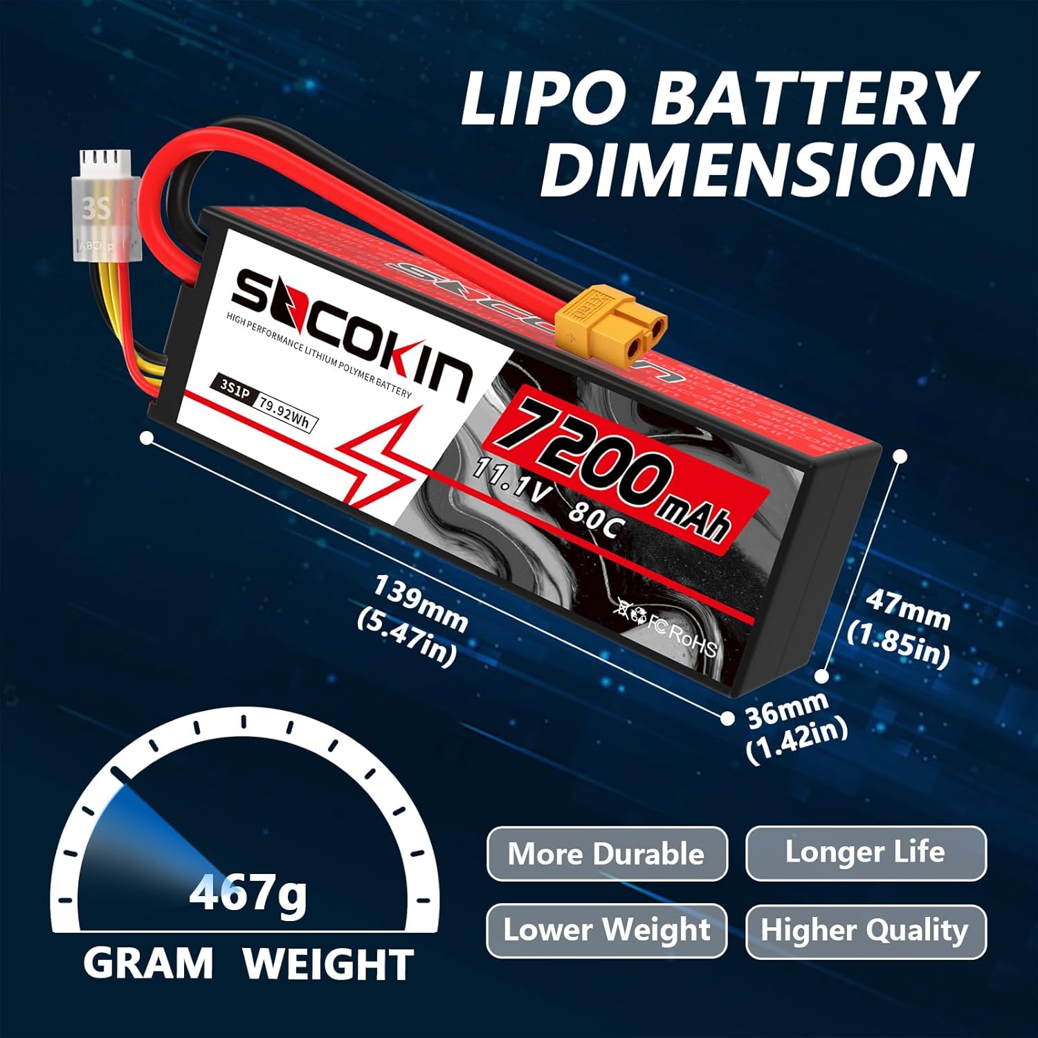 3S 11.1V Lipo Battery 7200mAh 80C Lipo Battery with Hard Case XT60 Plug for RC Racing Truck Boat Car Racing RC Heli Airplane and Slash 1/10 Scale Racing Truck (2 Pack)