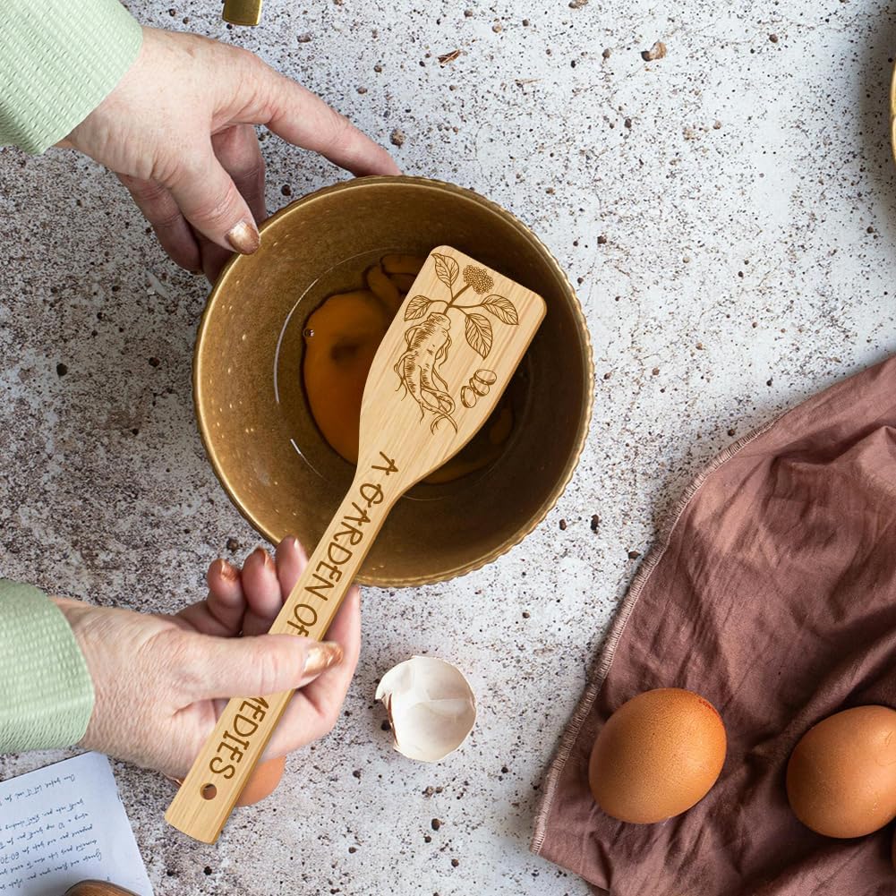 GLOBLELAND 6 Pcs Herbal Wooden Spoons Utensil Set Refining Bamboo Kitchen Cooking Utensils for Women and Men Wooden Engraved Cooking Spatula Set for Kitchen Fun House Warming Gift