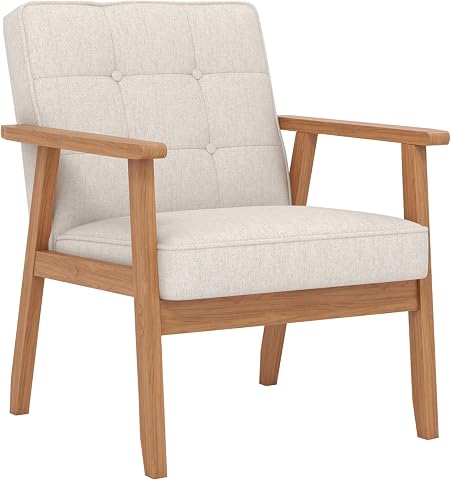 KCC Mid-Century Modern Linen Fabric Accent Chair with Wooden Armrests, Beige