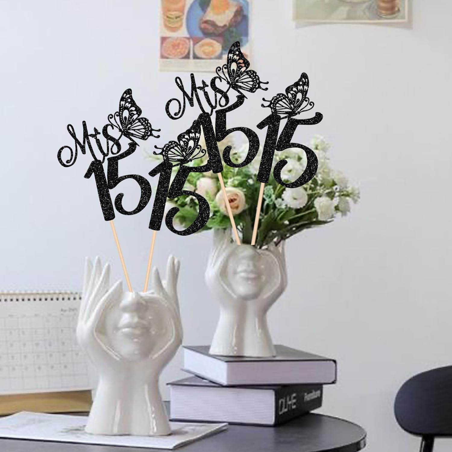 12 Pack Mis 15 Centerpiece Sticks, Happy 15th Birthday Party Decorations, Glitter Hello 15 Fabulous Table Toppers Decotations for Cheers to 15 Years Old Birthday Anniversary Party Decotations Black