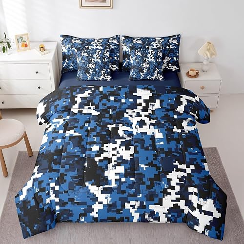 jejeloiu Blue Camouflage Camo Bag Comforter Set Full Size Ki