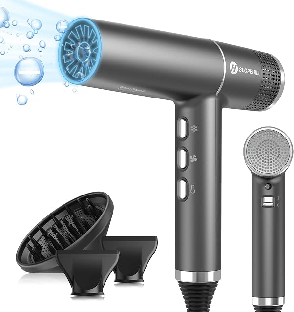 Slopehill Séchoir à cheveux avec moteur sans brosse unique , Diagnostic intelligent de défaillance , Microfiltre innovant , Oxy technologie active , affichage LED (Gray)
