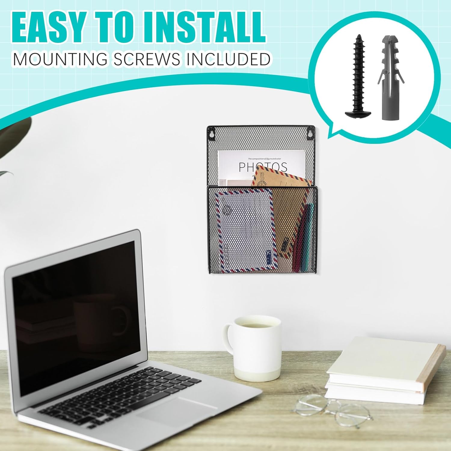 AmazingSpark 2 Pcs 12 Inch Metal Wall Magazine Holder High Pocket Mesh Hanging File Organizer Wall Mounted Storage Rack with Screws for Magazines Documents Files for Office Home Organization, Black