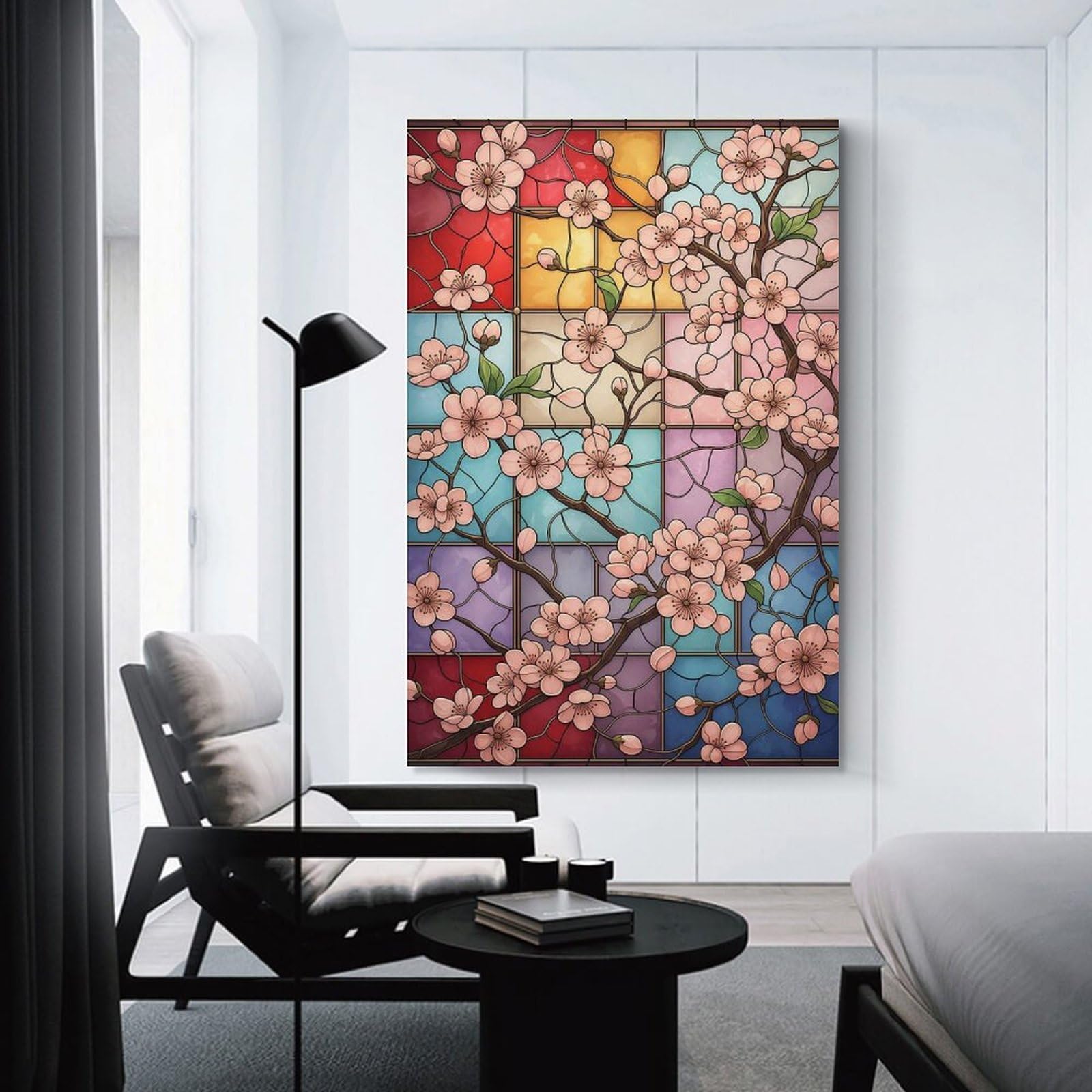 Junmoney Stained Glass Light Cherry Blossom Decorative Canvas Print 20x30inch(50x75cm), for Flats, Guest Rooms Or Compact Rooms, Home Artwork for Modern Interiors
