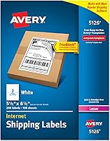 Avery 5126 Half-Sheet Shipping Labels 5.5x8.5 Printable Stickers, 200 White Blank Mailing Labels for Laser Printers