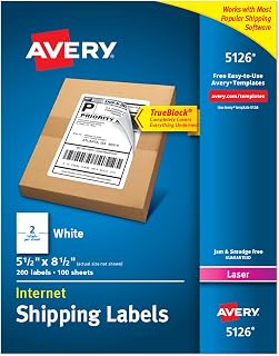 Avery 5126 Half-Sheet Shipping Labels 5.5x8.5 Printable Stickers, 200 White Blank Mailing Labels for Laser Printers