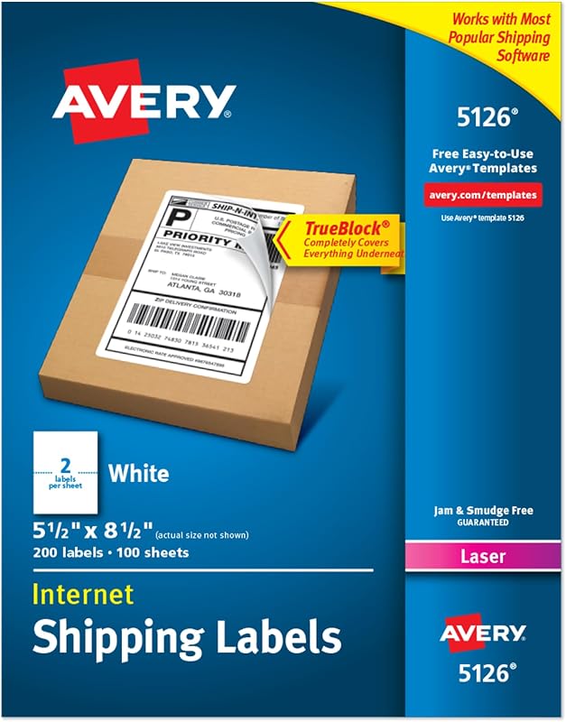 Avery® Half-Sheet Printable Shipping Labels, 5.5" x 8.5" Customizable Stickers, White, 200 Blank Mailing Labels, Great for Mailing, Shipping, Organizing, and More (5126)