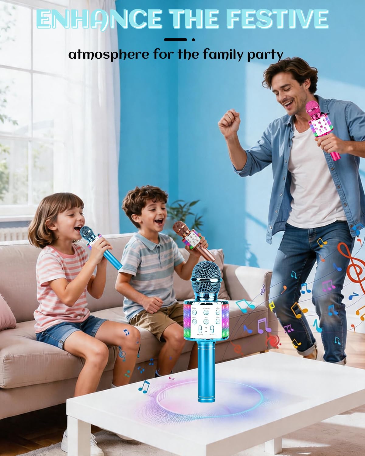 Bezprzewodowy Mikrofon Do Karaoke Bluetooth Ze światłami LED Przenośny Ręczny śpiew Karaoke Głośnik Maszyna Zabawki Prezenty Dla Dzieci Dorośli (Niebieski, w / 10 Jednorazowych Osłon Mikrofonu)