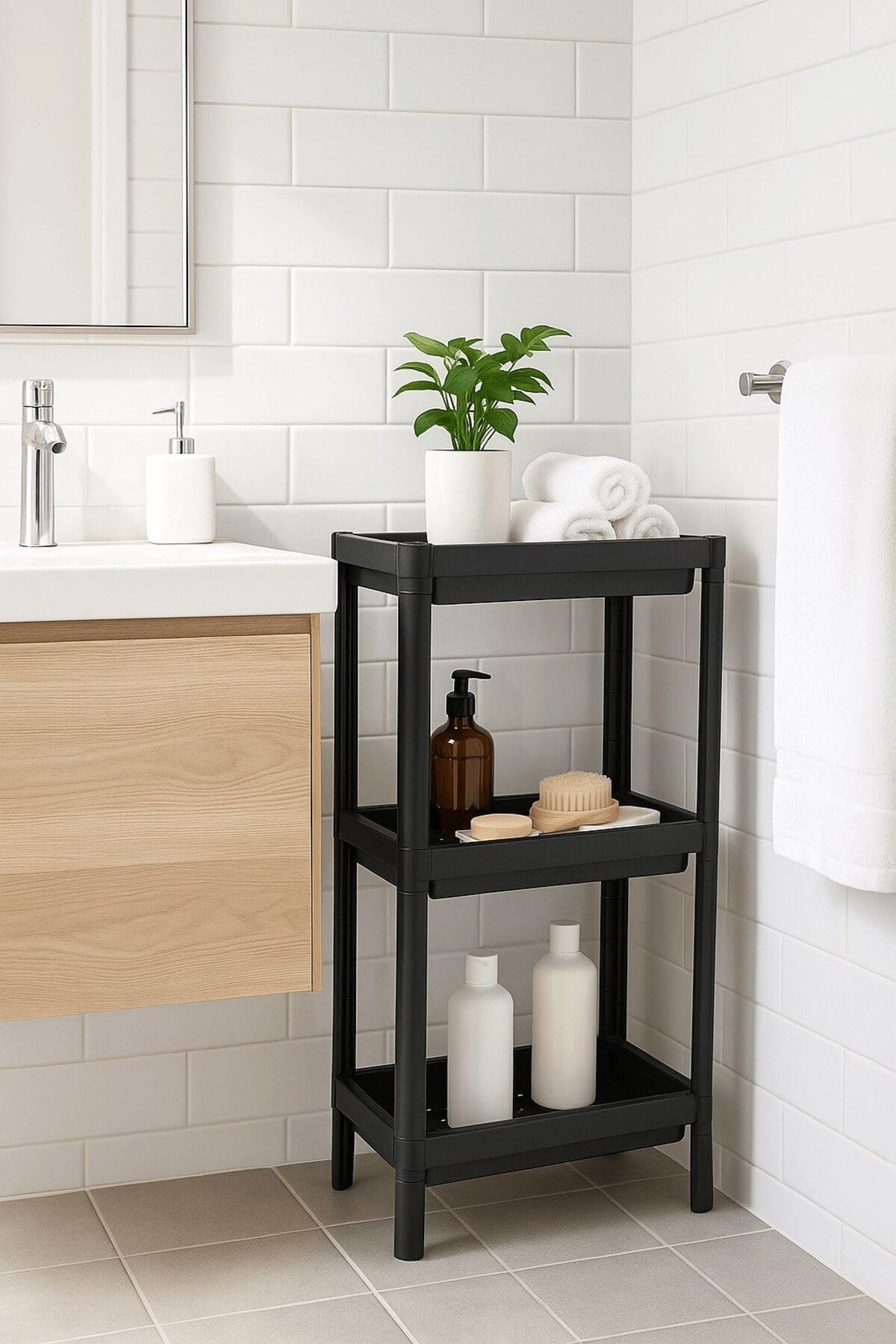 Sas Haus Flex Elite Pro 3 Katlı Mat Siyah Modüler Raf Ünitesi – Mutfak Rafı, Banyo Düzenleyici Ve Organizer Siyah