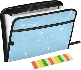 Airplane Blue Expanding File Folder with Sticky Labels, 13 Pockets Accordion File Folder Document Organizer Expandable Zip File Folder with Zipper Closure