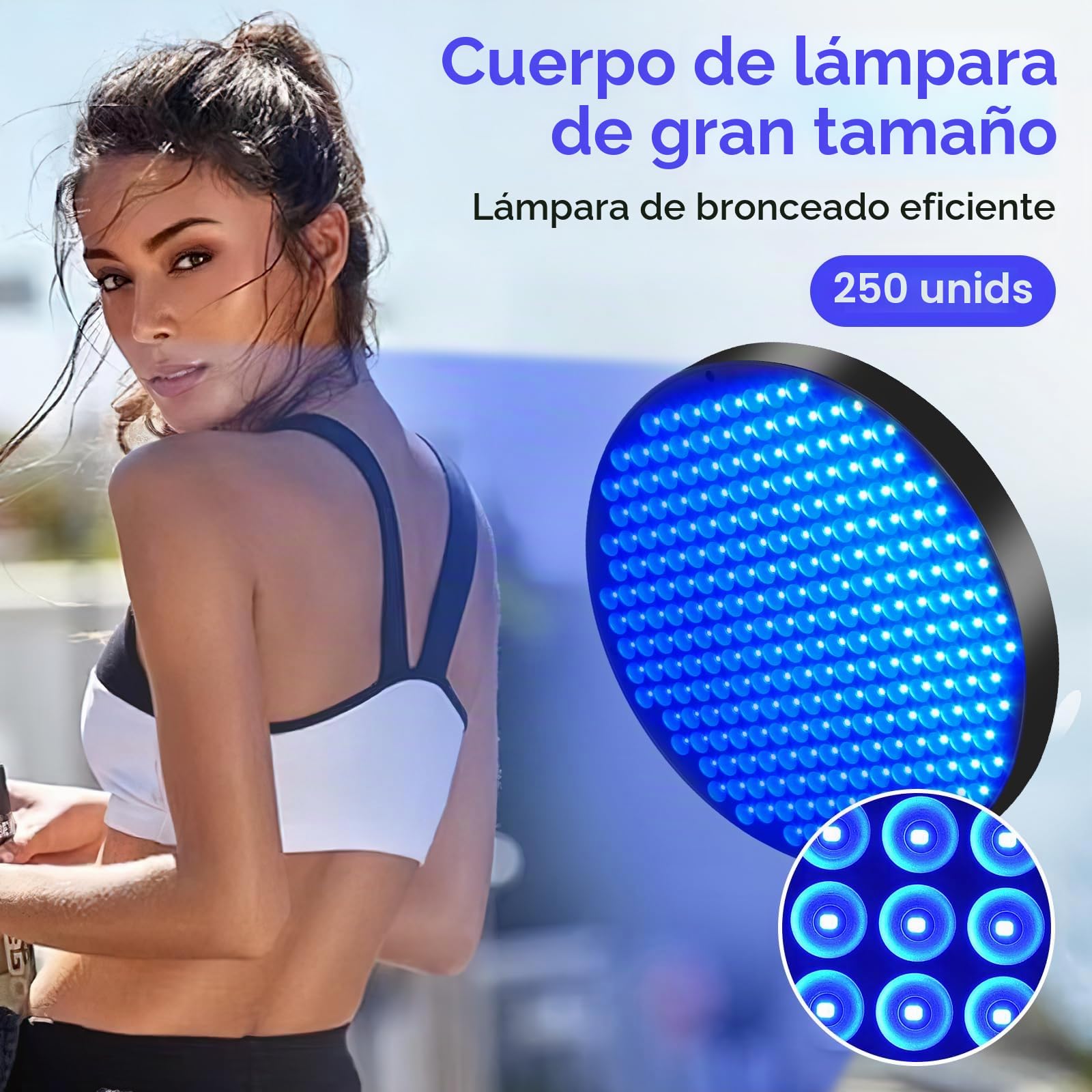 Lámpara de Bronceado 50W 250 LEDs para Hogar, Facial y Cuerpo con Temporizador, Gafas Protectoras y Soporte, Negro