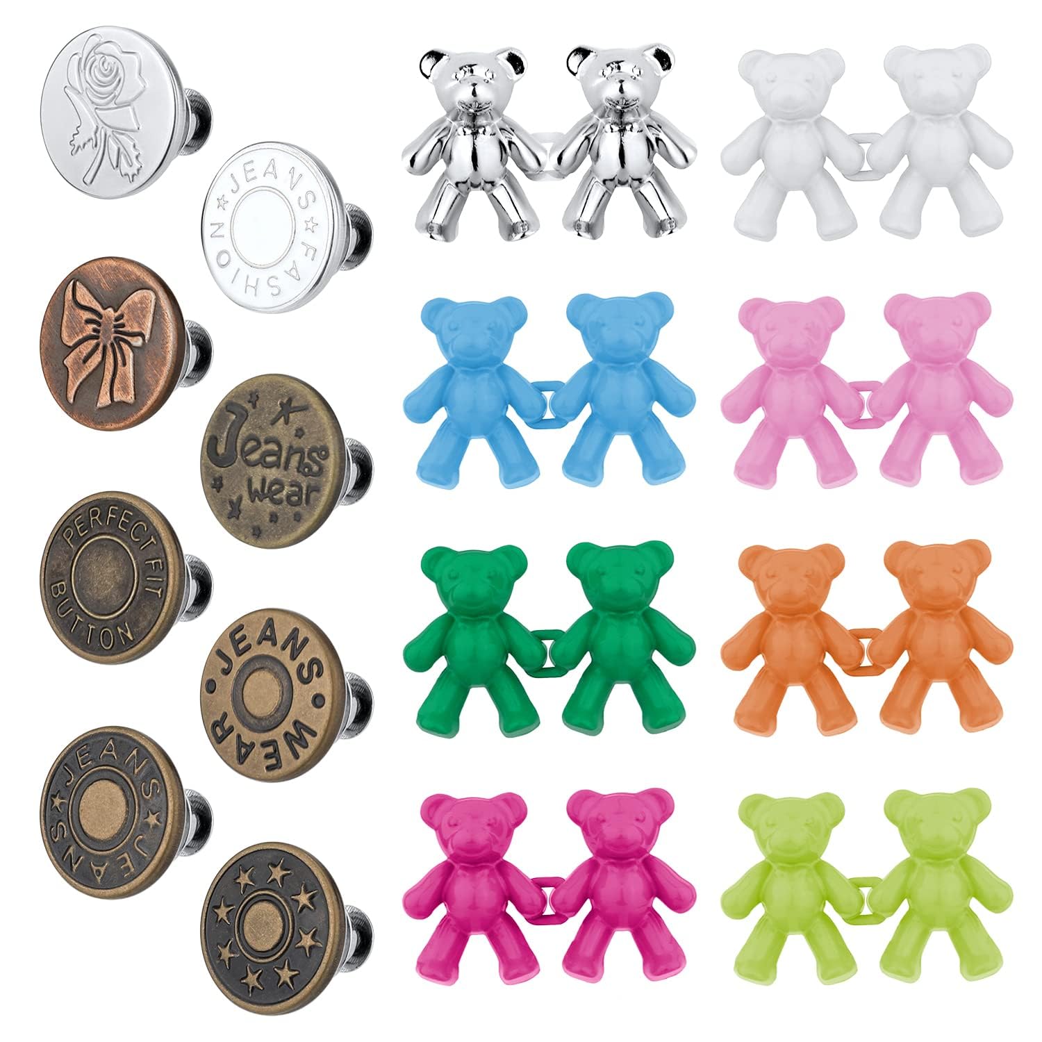 8 Pairs of Bears Waist Button Pins for Tightening with 8 Pieces Waist Buttons, Jeans Button No Sewing Cute Bear Buckles Clips for Waist Adjustment of Denim Skirts