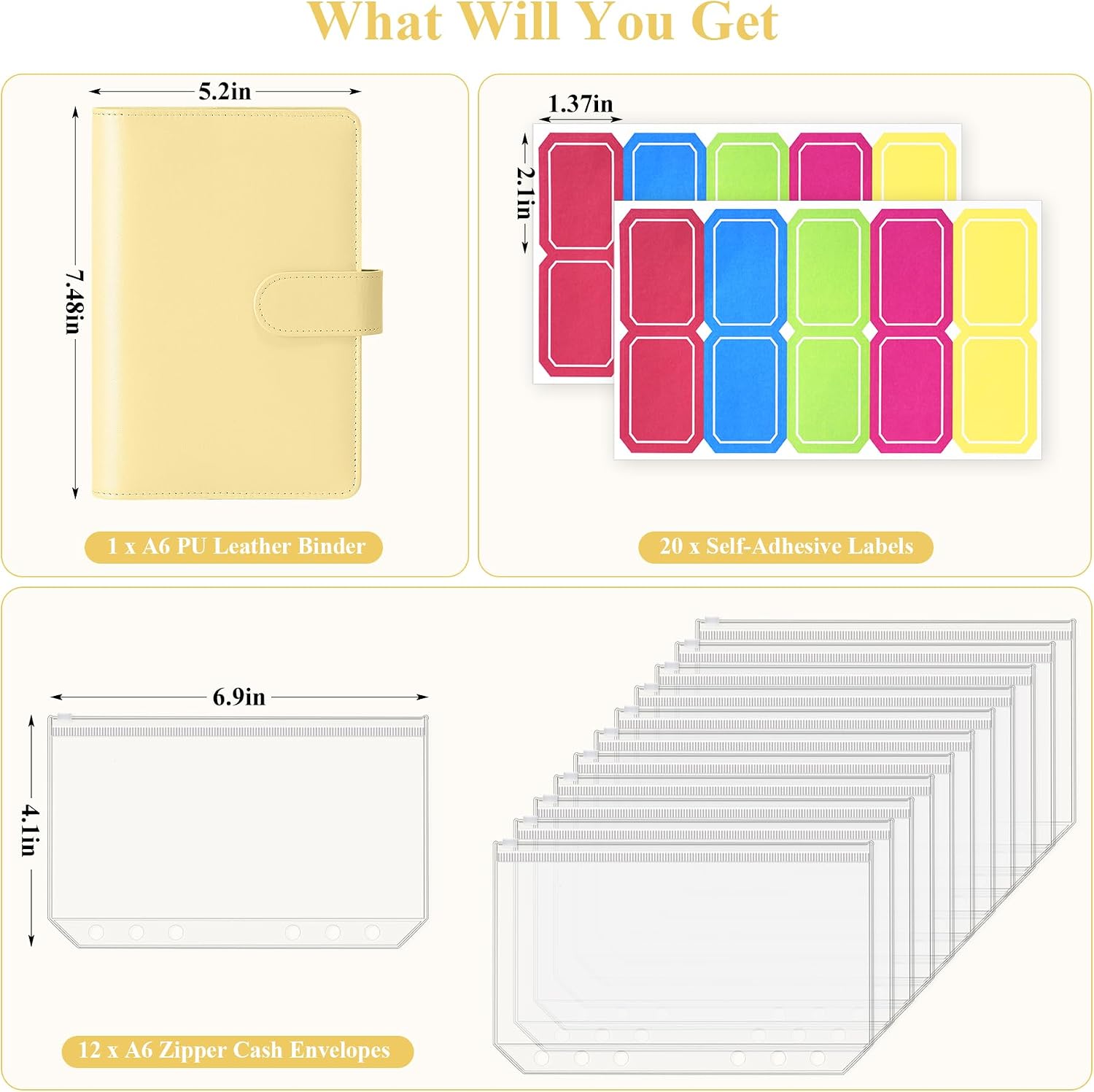 Antner A6 Budget Binder with Zipper Cash Envelopes for Money Organizer & Budgeting, PU Leather Budget Planner Money Saving Binder with Cash Stuffing Envelopes & Labels for Home Office Travel, Yellow