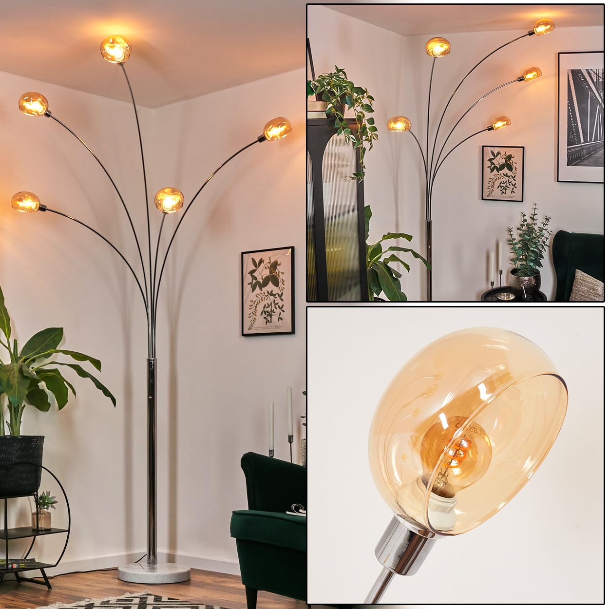 HOFSTEIN Lampadaire Nikkala, Lampe sur pied en métal blanc/chrome/couleur ambre avec base en marbre, luminaire réglable au design rétro/vintage, interrupteur sur le boîtier, E14, salon, chambre