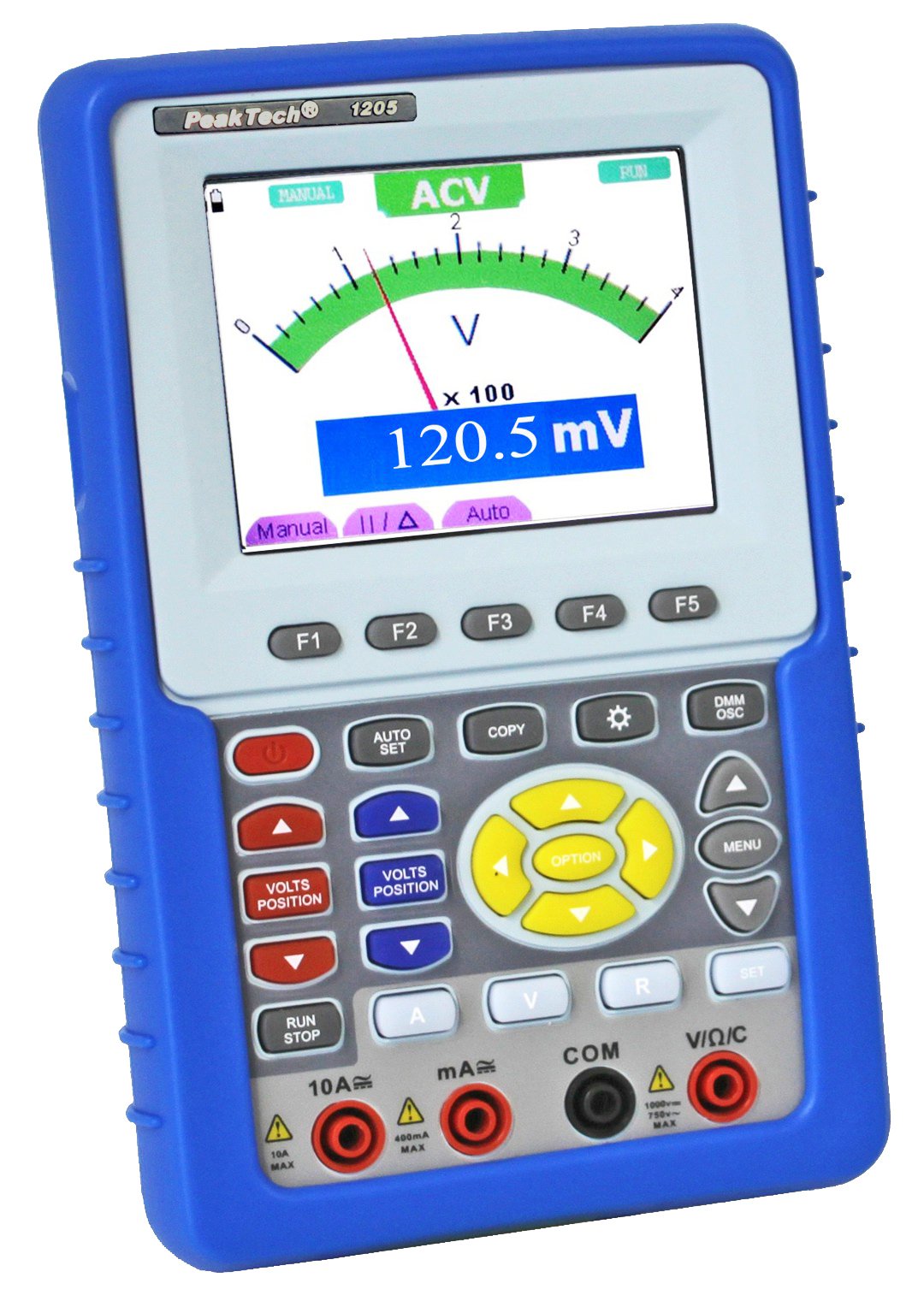 PeakTech 1205 – Oscilloscopio digitale a 2 canali portatile (20 MHz) e Multimetro True RMS (4000 conteggi) con interfaccia USB e schermo a colori da 3,8 ", DSO, Custodia e Accessori