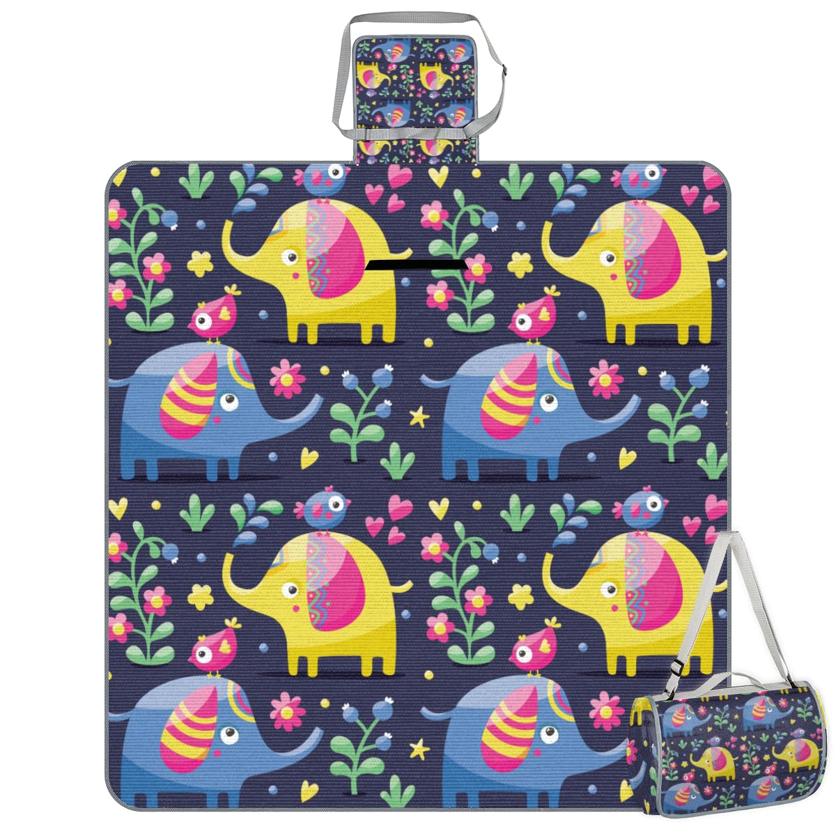 Shimoshe Picnic Blankets 57”x 59”, Bird Flower Elephant Waterproof Sandproof Picnic Mat Lightweight Foldable Beach Blanket for Camping Park Grass Beach Outdoor Blanket