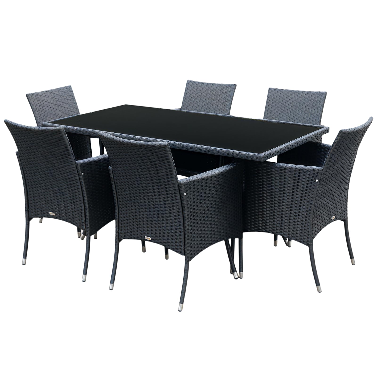 โ Outsunny 7-Piece Rattan Garden Furniture Set with Cushions, 6 Seater Garden Table and Chairs, Rattan Dining Set with 6 Armchairs, Rectangular Glass Top Table, Black