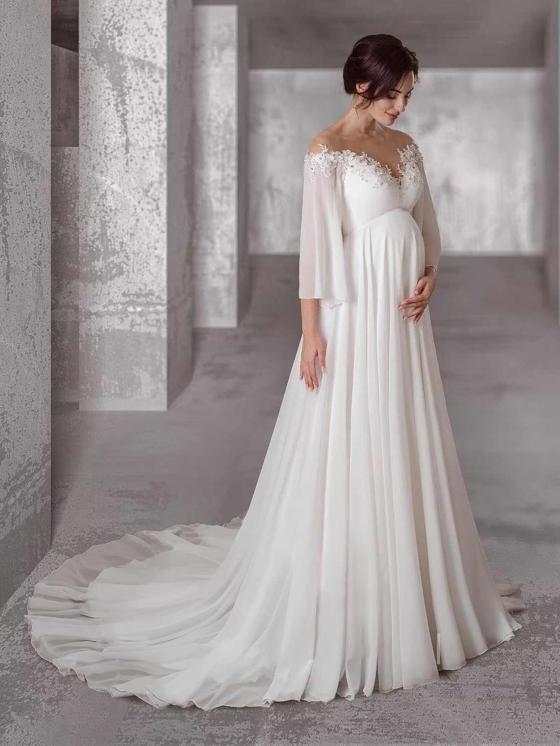 Long Sleeve Maternity Wedding Dresses for Photoshoot Off Shoulder Chiffon Baby Shower Pregnancy Gown with Train