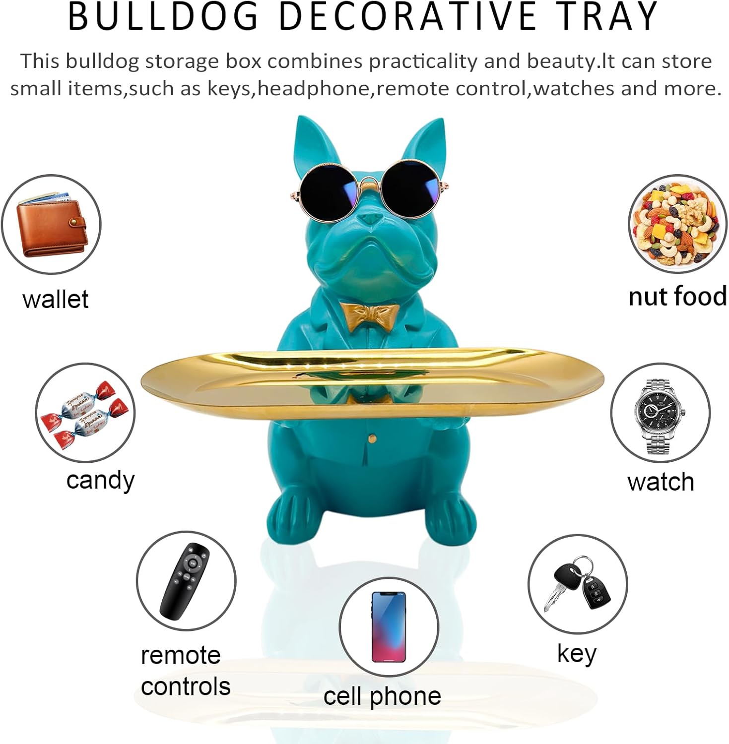 Bulldog Tray Statue, Sitting Bulldog Candy Dish Key Holder Bowl, Bulldog Accessories, Resin Statues for Office Desk Home Decor Figurines Entryway Table Decor (Blue Green) - Image 6