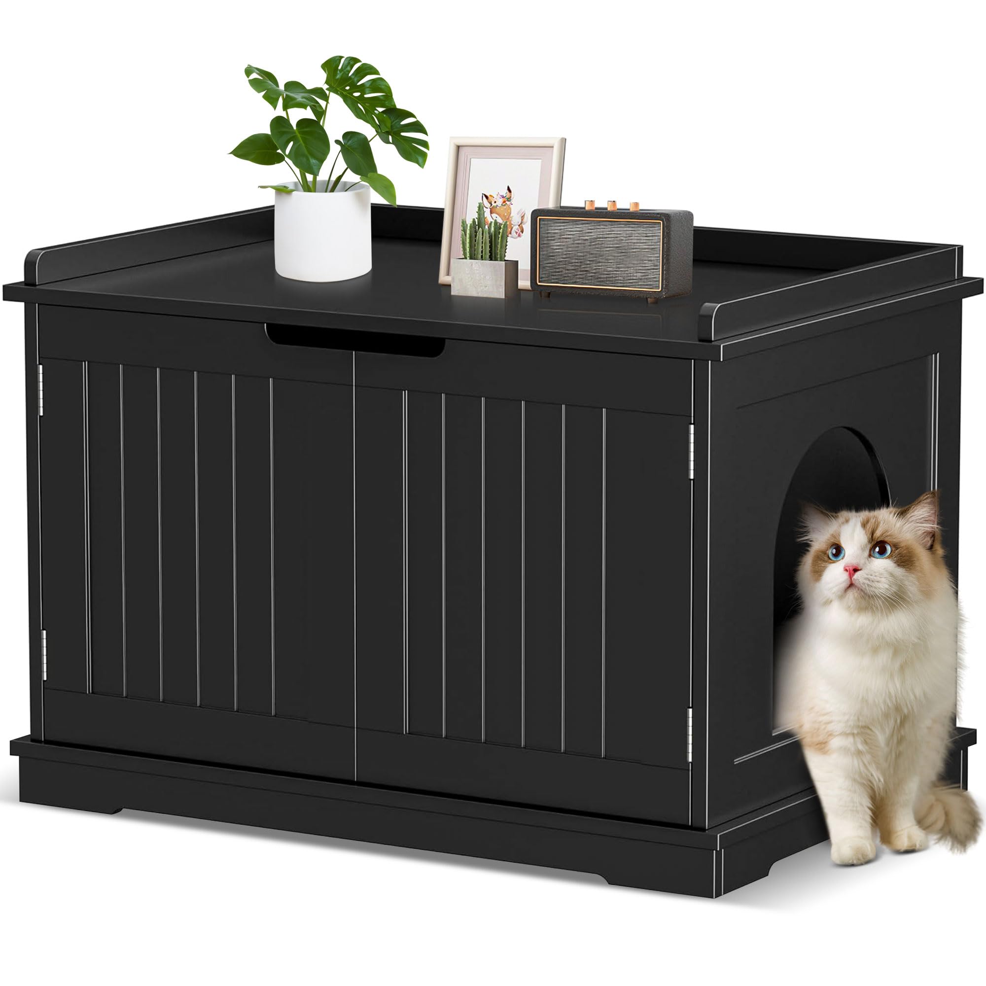 Cat Litter Box Enclosure Furniture Hidden Wooden Washroom Litter Box Cabinet, Indoor Cat House with Removable Divider, as Table Nightstand Storage Bench (Black)