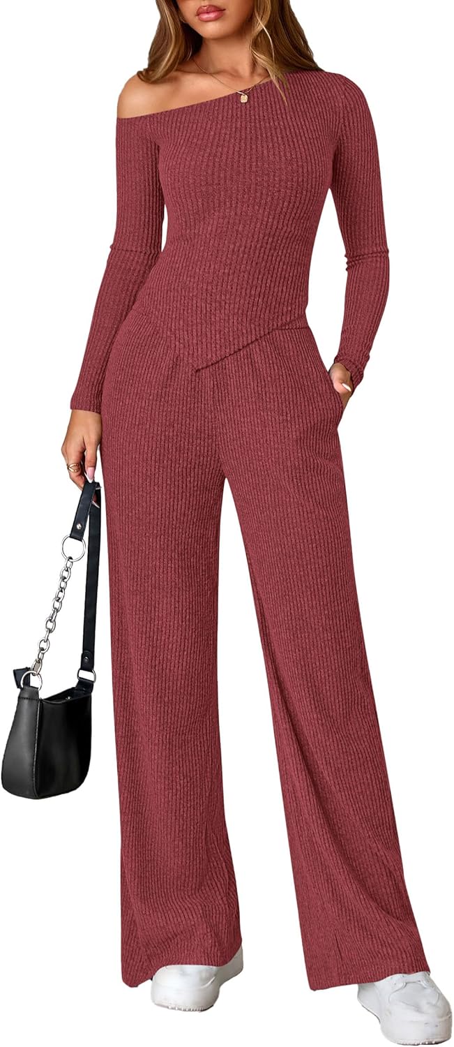 PRETTYGARDEN Fall Two Piece Sets For Women 2026 Off Shoulder Tops Long Pants Knit Matching Lounge Set Airport Travel Outfits