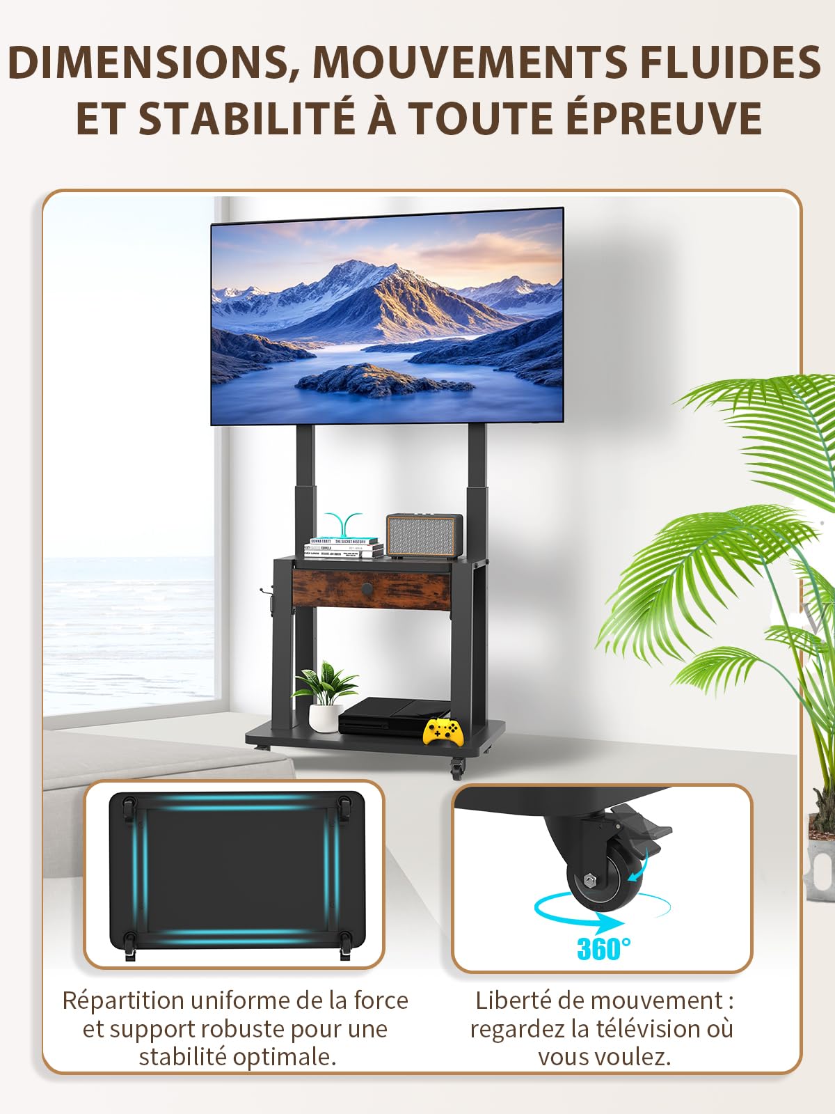 Maiproo Meuble TV sur roulettes avec tiroir en Tissu pour écrans Plats/incurvés de 32 à 75 Pouces, Hauteur réglable, LCD/LED/OLED, avec Espace de Rangement, Chariot TV Mobile sur Roues jusqu'à 100 kg