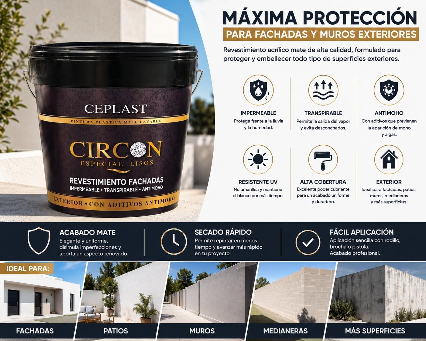 Revestimiento Fachadas Exterior 4L – Pintura Impermeable, Transpirable y Antimoho – Alta Resistencia al Clima y Rayos UV – No Amarillea – Blanco Mate Máxima Cobertura – CEPLAST CIRCON
