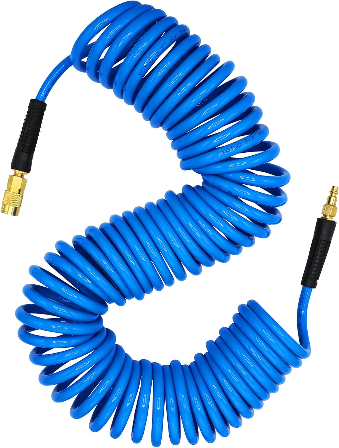 YOTOO Polyurethane Recoil Air Hose 3/8" Inner Diameter by 50' Long with Bend Restrictor, Repairable 1/4" Industrial Quick Coupler and Plug, Blue