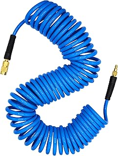 YOTOO Polyurethane Recoil Air Hose 3/8" Inner Diameter by 50' Long with Bend Restrictor, Repairable 1/4" Industrial Quick Coupler and Plug, Blue