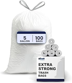 Plasticplace 5 Gallon Trash Bags - White Drawstring Garbage Bag Liners, 19" x 25" (100 Count) – Durable, Leak-Proof, Multi-Purpose Tall Kitchen, Bathroom, Office and Car TrashBags Plastic Bags 0.9 Mil